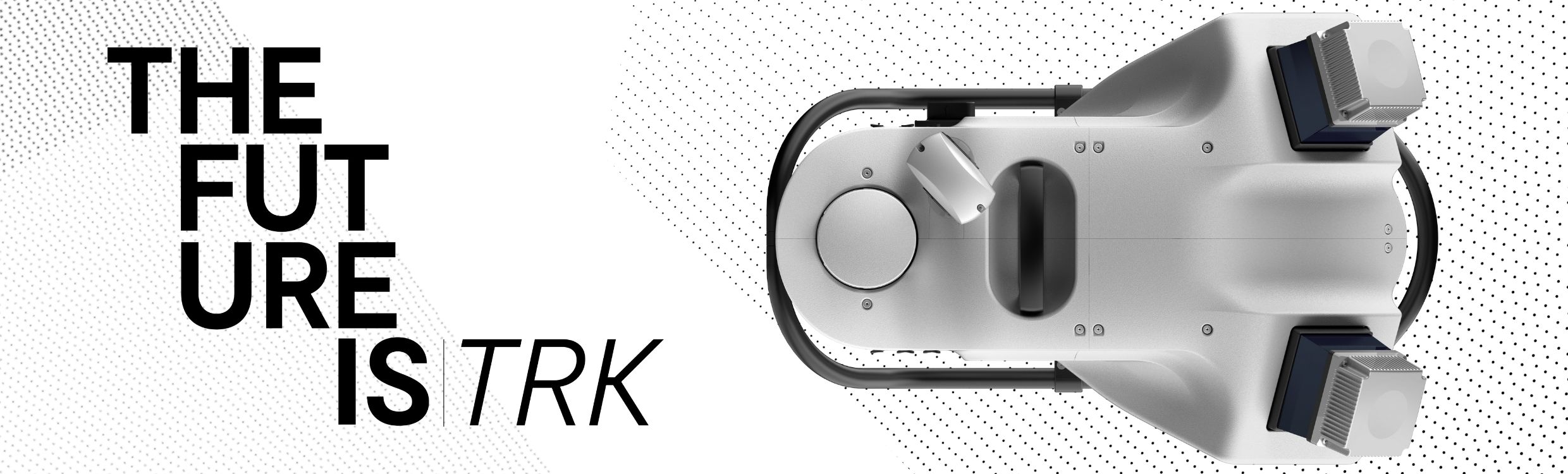 Leica Pegasus TRK Neo promotional header featuring 'THE FUTURE IS TRK' in black text, with point cloud pattern and a top-down view of the Pegasus TRK700 Neo system.